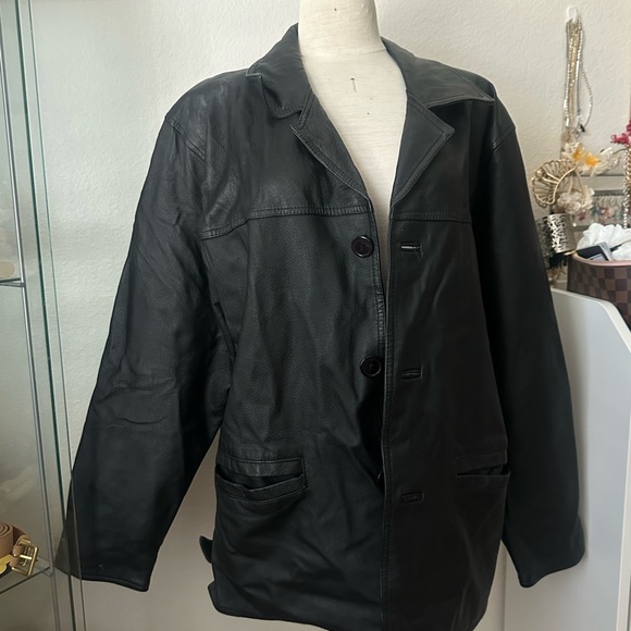 Black Leather Jacket with Relaxed Fit and Collar